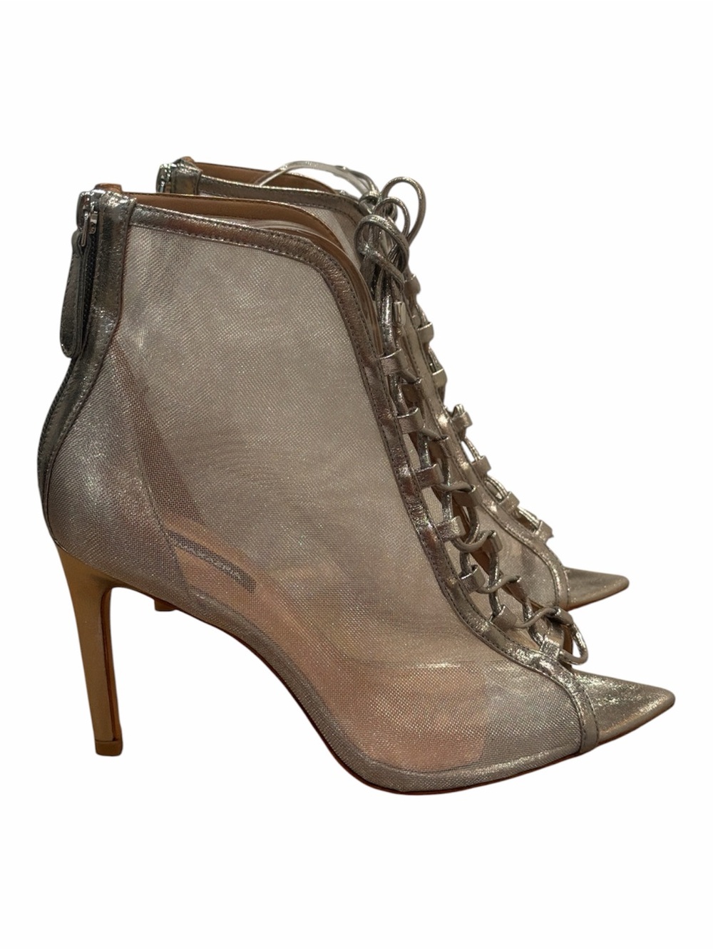 BCBGMAXAZRIA Metallic Mesh Lace Up Peep Toe Booties Heels 8